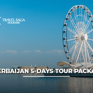 Azerbaijan 5 days tour package from India featuring Baku city skyline, Flame Towers, Caspian Sea views, and guided sightseeing for Indian travelers