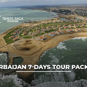 Azerbaijan 7 days tour package from India featuring Baku skyline, Flame Towers, Old City, mountains, and guided sightseeing