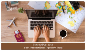 Indian traveller planning first international trip with passport, tickets, and itinerary.