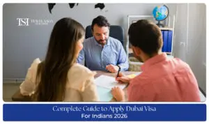 Guide to Apply Dubai Visa for Indians with passport, visa application form, and Dubai skyline in the background.