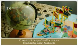 Schengen Visa Documents Checklist for Indians with passport, visa application form, travel insurance, and supporting papers on desk.