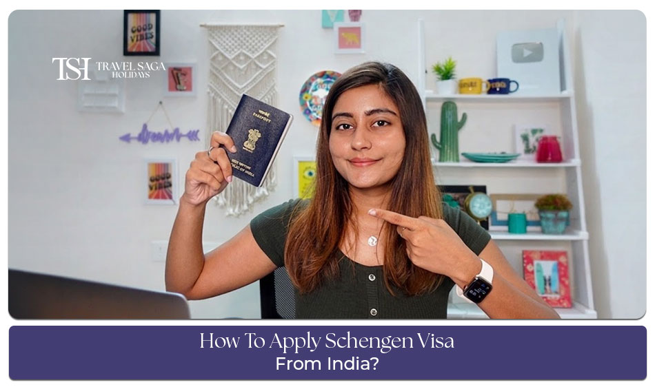 Person submitting documents to apply for a Schengen visa from India with passport, visa application form, and travel papers on desk.