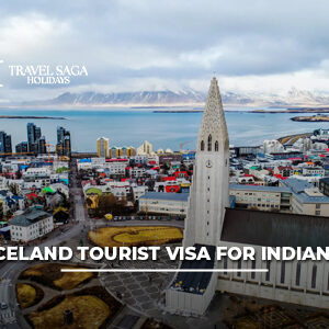 Iceland Tourist Visa for Indians with passport, visa documents, and Reykjavik cityscape in background.