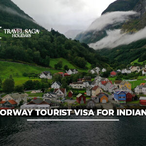 Norway Tourist Visa for Indians with passport, visa documents, and Oslo city skyline in background.