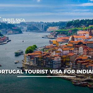 Portugal Tourist Visa for Indians with passport, visa documents, and Lisbon city skyline in background.