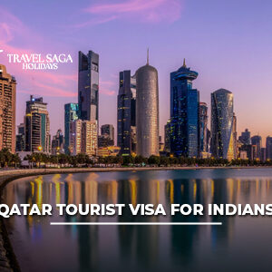 Qatar Tourist Visa for Indians with passport, visa approval stamp, and Doha skyline in the background.