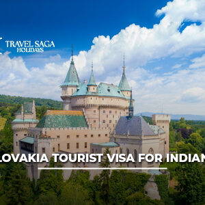 Slovakia tourist visa for Indians with passport, visa documents, and scenic Bratislava city background.