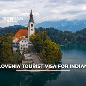 Slovenia tourist visa for Indians with passport, Schengen visa documents, and scenic Lake Bled background