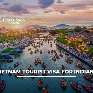 Vietnam Tourist Visa for Indians with passport, visa approval stamp, and famous Vietnam travel attractions in the background.