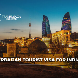 Azerbaijan Tourist Visa for Indians with passport, approved visa document, and famous Baku city skyline in the background.