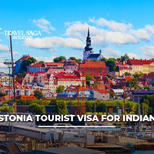 Estonia Tourist Visa for Indians with passport, visa documents, Tallinn city skyline, and travel essentials for Indian tourists.
