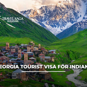 Georgia Tourist Visa for Indians with passport, approved visa document, and scenic Tbilisi city skyline in the background.