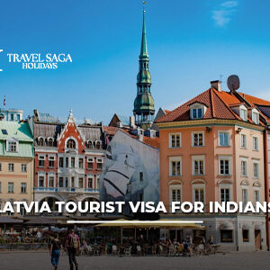 Latvia Tourist Visa for Indians with passport, visa documents, Riga city skyline, and travel essentials for Indian tourists.