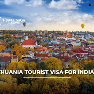 Lithuania tourist visa for Indians with Indian passport, visa application documents, and scenic Vilnius city background.