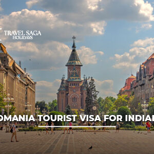 Romania tourist visa for Indians with passport, visa documents, and scenic Bucharest city background.