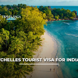 Seychelles Tourist Visa for Indians with passport, travel visa approval, and beautiful Seychelles beach island background.
