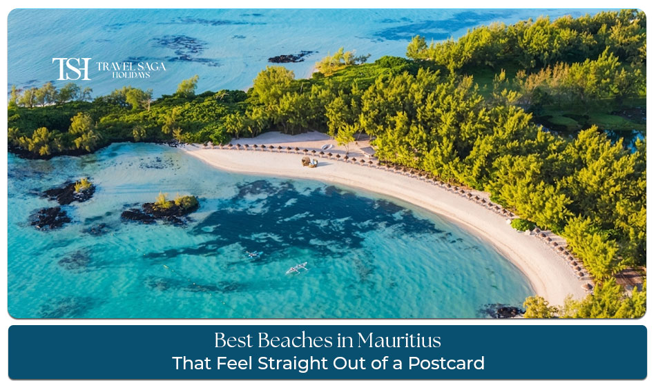 Beautiful beaches in Mauritius with turquoise water, white sand, palm trees, and tropical island scenery