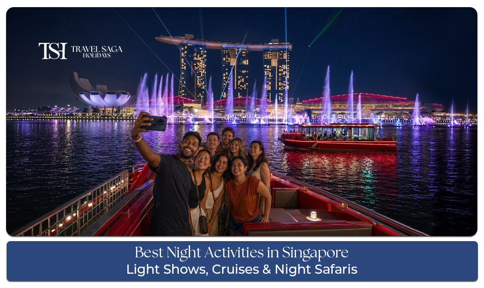 Skyline view of Singapore at night featuring Marina Bay Sands, Gardens by the Bay, and vibrant nightlife attractions for the best night activities in Singapore.