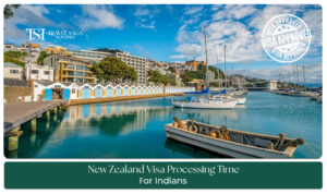 Indian traveler checking New Zealand visa processing time with passport, visa documents, and online application details