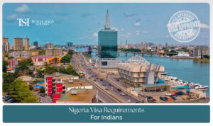 Indian passport with Nigeria visa application form, supporting documents, and travel accessories for visa approval