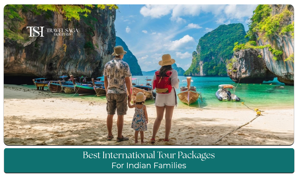 Indian family enjoying a vacation at an international tourist destination with luggage and sightseeing