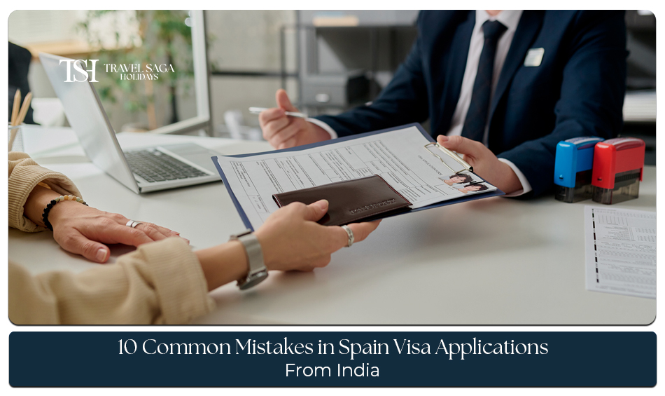 Indian traveler reviewing Spain visa application documents with passport, embassy checklist, and travel papers to avoid common Spain visa mistakes from India