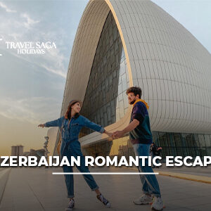 Couple enjoying a romantic escape in Azerbaijan with scenic mountain views, luxury stays, and beautiful city attractions in Baku.