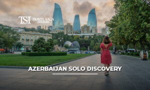Solo traveler exploring Azerbaijan’s scenic landscapes, modern Baku city, and cultural attractions during a solo trip.