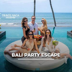 Friends enjoying a Bali party escape with beach clubs, nightlife, music, and tropical island vibes.