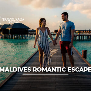 Couple enjoying a romantic Maldives escape in an overwater villa surrounded by turquoise waters and breathtaking ocean views.