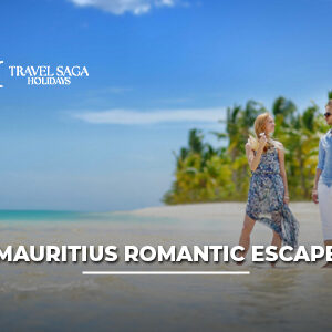 Couple enjoying a romantic sunset walk on a pristine Mauritius beach surrounded by turquoise waters and tropical scenery.