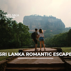 Romantic couple walking along a serene Sri Lanka beach during sunset with palm trees and ocean views.