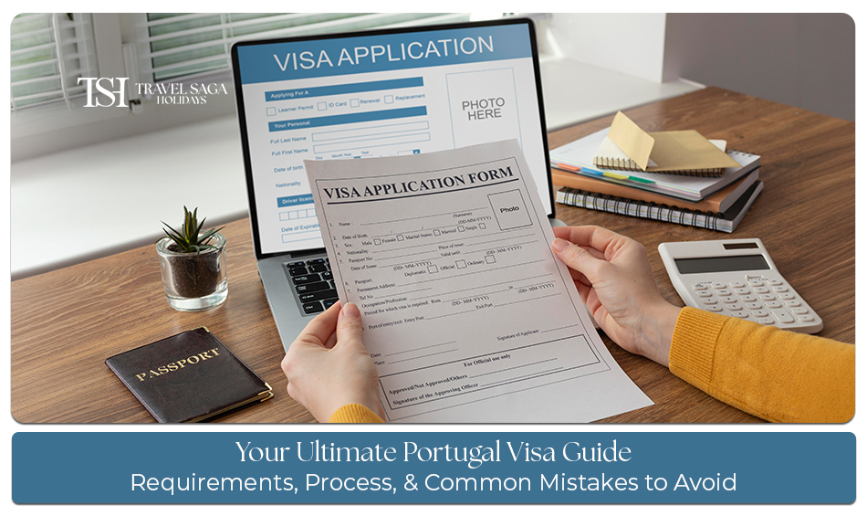 Traveler holding Portugal visa documents and passport while planning a trip to Portugal with travel itinerary and Schengen visa paperwork