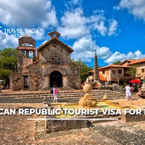 Dominican Republic tourist visa for Indians with passport, visa documents, and tropical Caribbean travel destinations