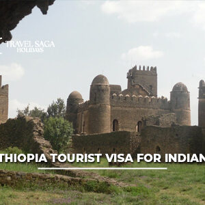 Ethiopia tourist visa for Indians with passport, travel documents, and scenic Ethiopian landscapes in the background.