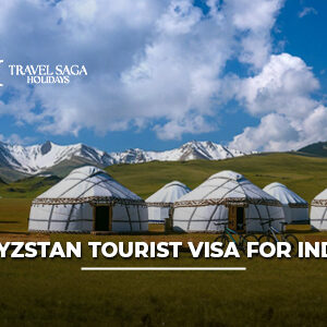 Indian traveler applying for a Kyrgyzstan tourist visa with passport, travel documents, and scenic mountain views.