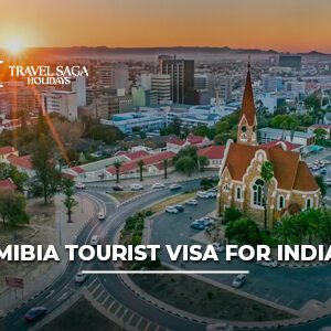Namibia tourist visa for Indians with passport, visa documents, desert landscapes, and African safari scenery.