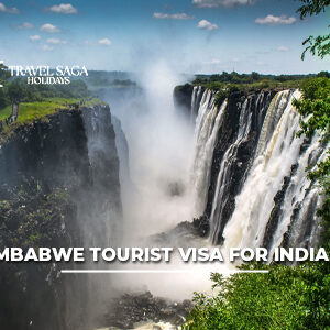 Zimbabwe tourist visa for Indians with passport, travel documents, safari landscapes, and iconic Victoria Falls scenery.