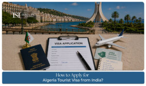 Indian passport with Algeria tourist visa application documents and travel essentials for visa processing.