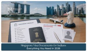Singapore visa documents for Indians including passport, photographs, bank statements, flight tickets, hotel booking, and supporting travel documents.