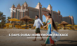 5 Days Dubai Honeymoon Package with Burj Khalifa, desert safari, luxury hotel, Marina cruise, and romantic couple experiences.