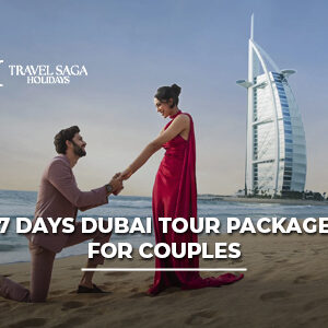 Couple enjoying a 7-day Dubai tour package featuring luxury hotels, desert safari, Burj Khalifa views, and romantic experiences.
