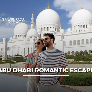 Couple enjoying a romantic sunset with the Abu Dhabi skyline in the background.