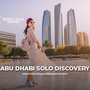 Solo traveller exploring Abu Dhabi landmarks with city skyline and cultural attractions.