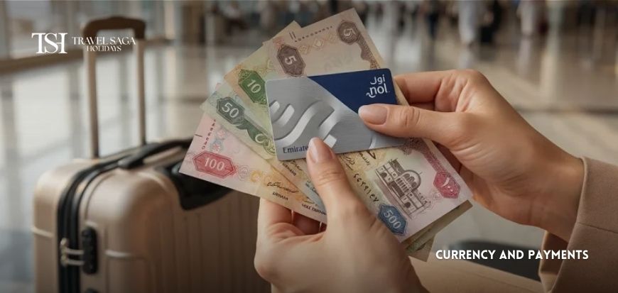 Traveler using local currency and making a secure card payment while shopping and dining during an international trip.