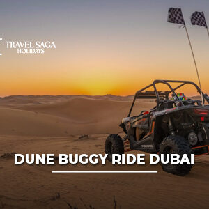 Dune buggy driving across the golden sand dunes of the Dubai Desert during an adventure tour.