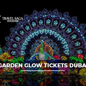 Colorful illuminated displays and glowing attractions at Dubai Garden Glow during the evening.