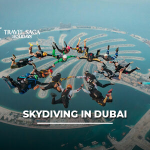 Skydiver enjoying a tandem skydive over Dubai with stunning views of Palm Jumeirah and the city skyline.