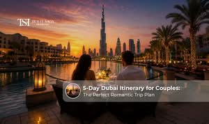 Couple enjoying a romantic Dubai vacation with Burj Khalifa, desert safari, and Dubai Marina views