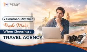 Traveller comparing travel agencies online by checking reviews, prices, and customer ratings before booking
